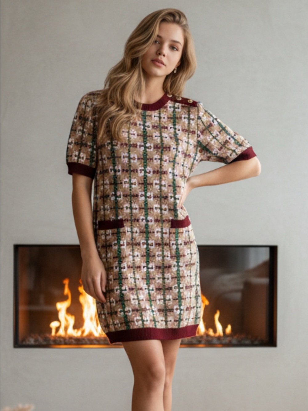 Gucci Beige Plaid Knit Midi Dress with Burgundy Trim and Green Accents